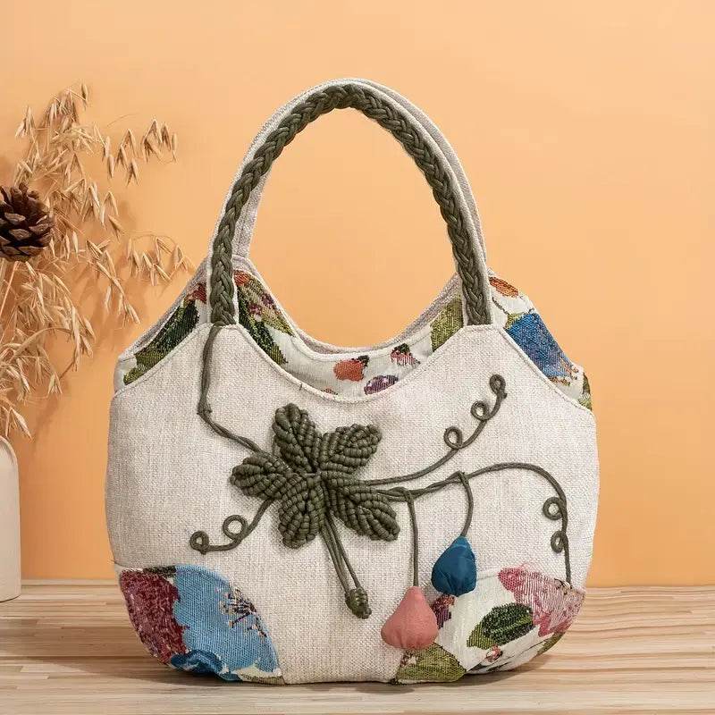 Handmade Bohemian Flower Tote Bag with Foldable Zipper, Shoulder Strap, and Matching Wristlet for Women’s Vacation - CartRare