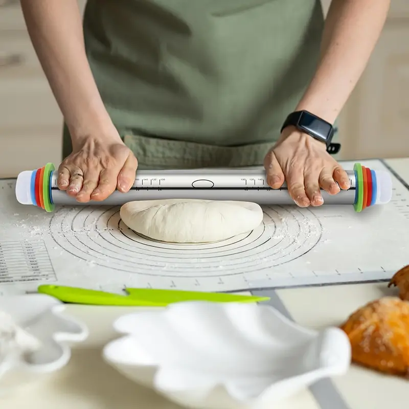 Adjustable Stainless Steel Rolling Pin – 43cm Dough & Fondant Roller with Thickness Rings for Baking & Cake Decorating - CartRare