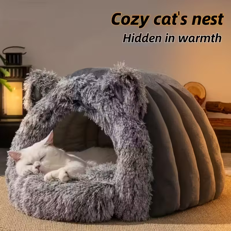 Winter Warm Fleece Cat Cave – Windproof 360° Thermal Comfort for Cats & Small Dogs