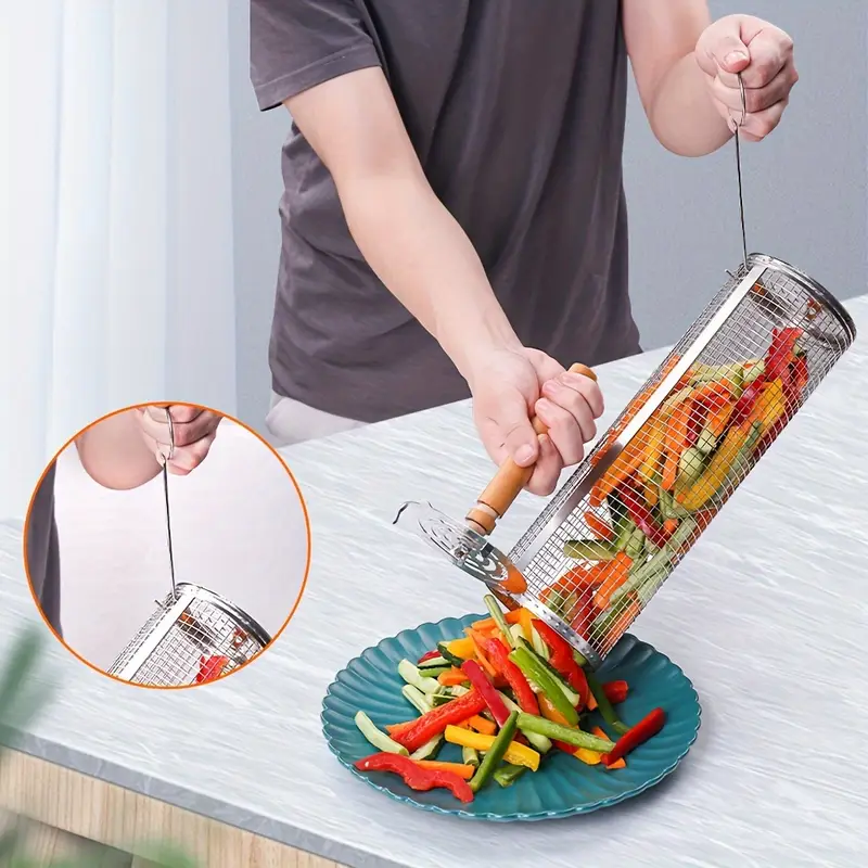 Stainless Steel BBQ Grill Basket with Wood Handle – Non-Stick Rolling Grilling Cage for Vegetables & Meat – Outdoor Camping & BBQ Accessories - CartRare