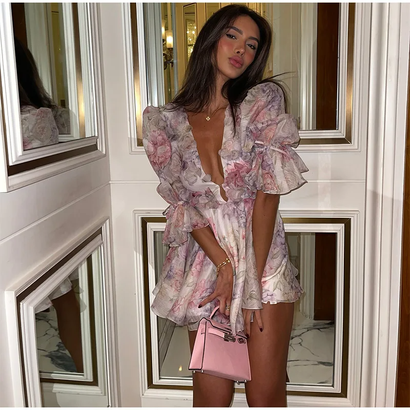 Sexy Floral Flare Sleeve V Neck Mini Dress