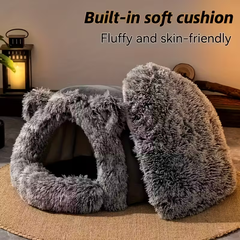 Winter Warm Fleece Cat Cave – Windproof 360° Thermal Comfort for Cats & Small Dogs