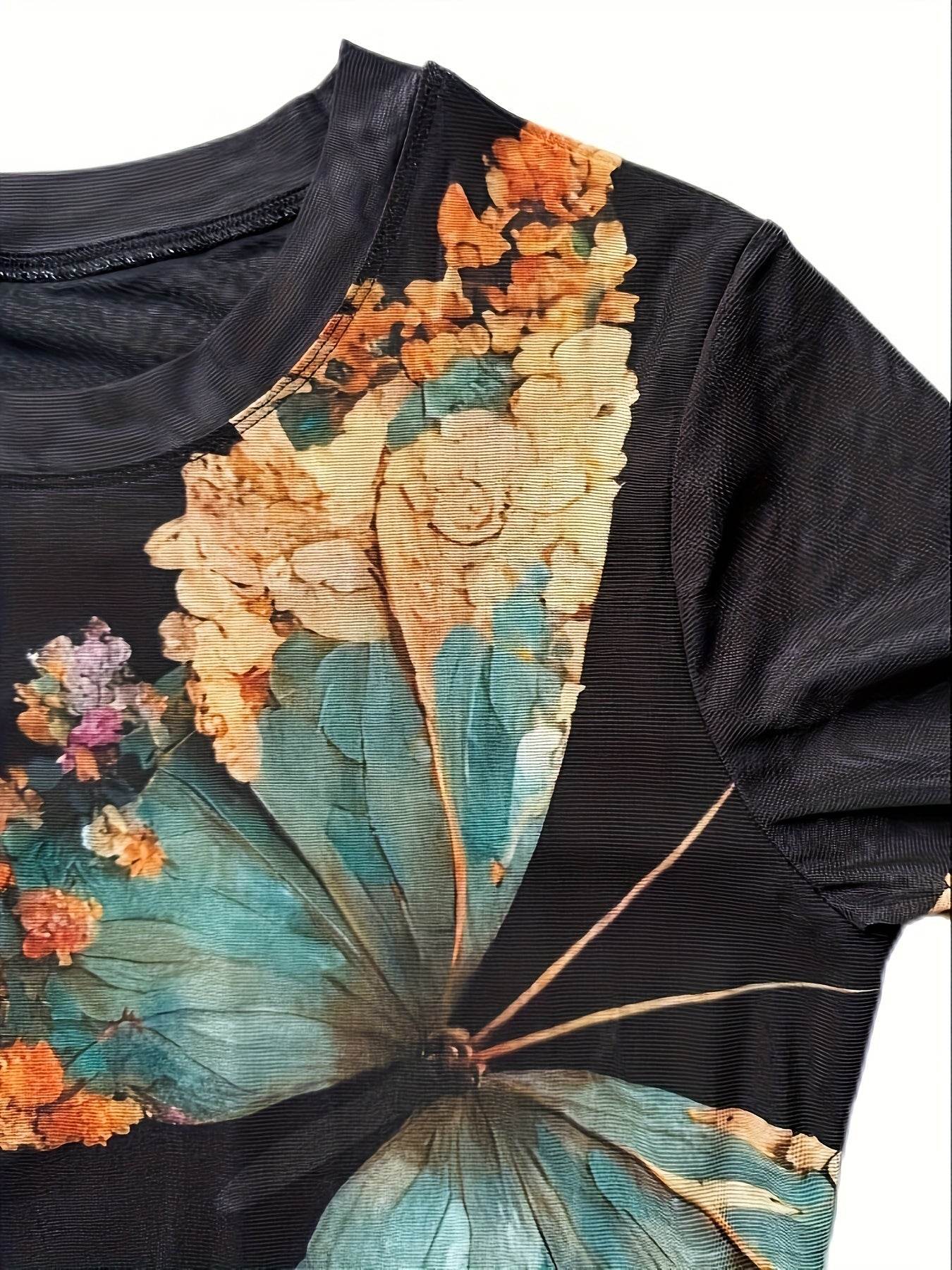 Floral Butterfly Print Women’s Tulle Top Long Sleeve Semi-Sheer Shirt - CartRare