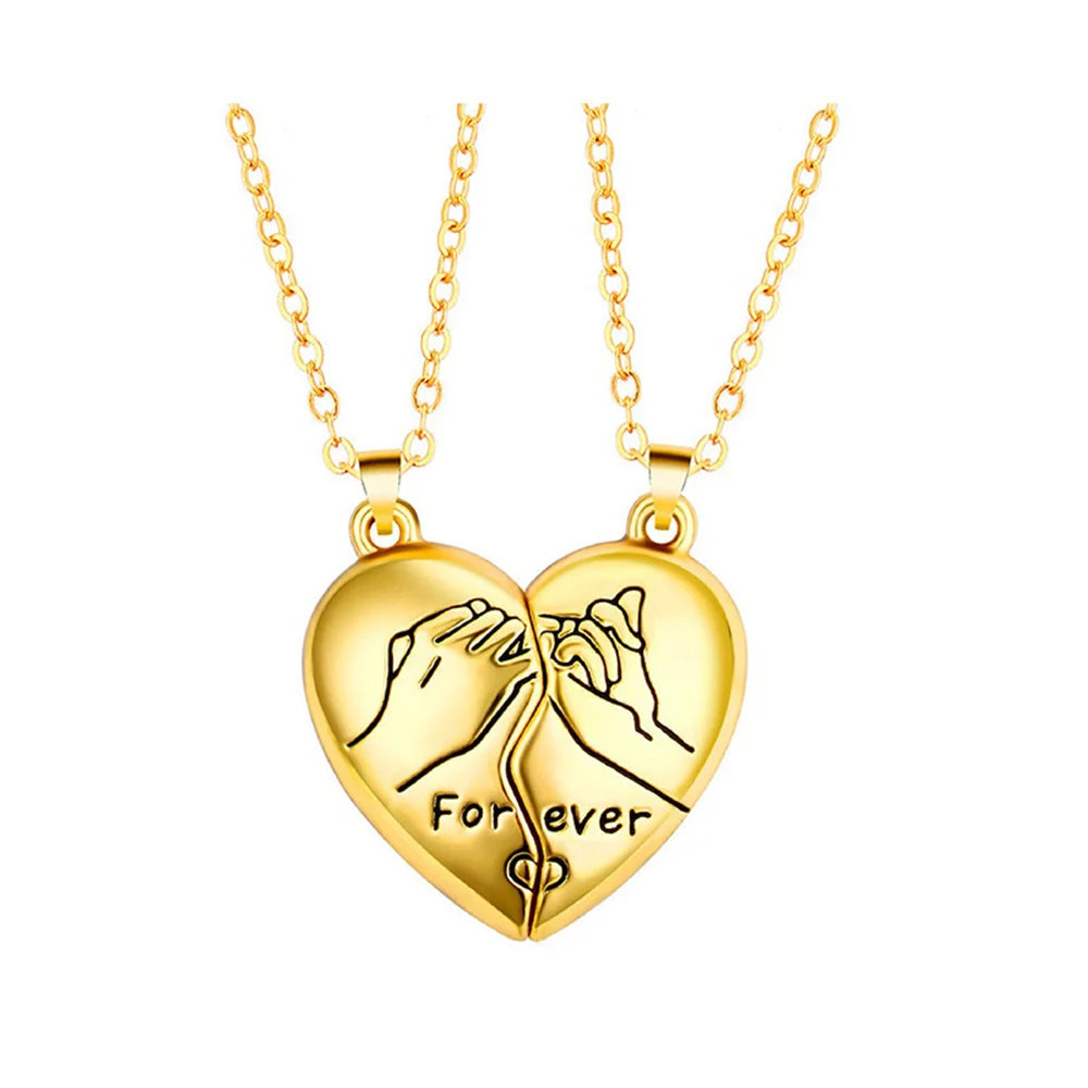Magnetic heart couple necklace set in gold with forever engraving
