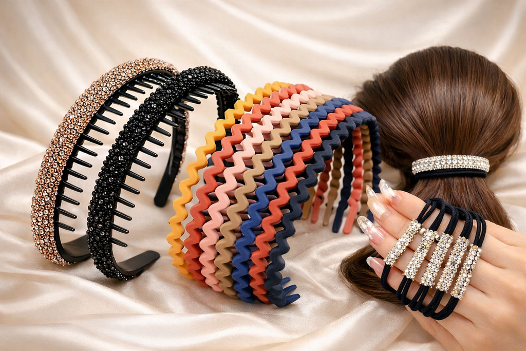 Hair Accessories Trio Set Rhinestone Headband Wave Headband and Sparkly Hair Ties