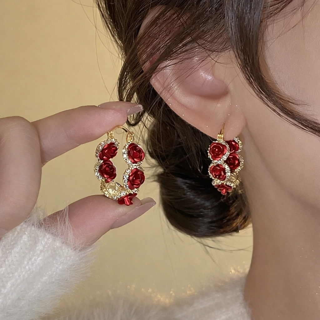 Vintage Red Rose Hoop Earrings – Trendy Solid Zinc Alloy Statement Jewelry