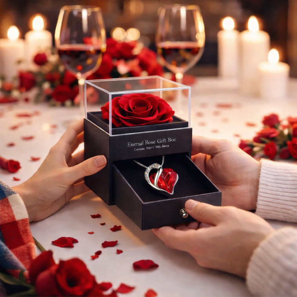 Eternal rose gift box with heart pendant, perfect for romantic occasions and unique gifts