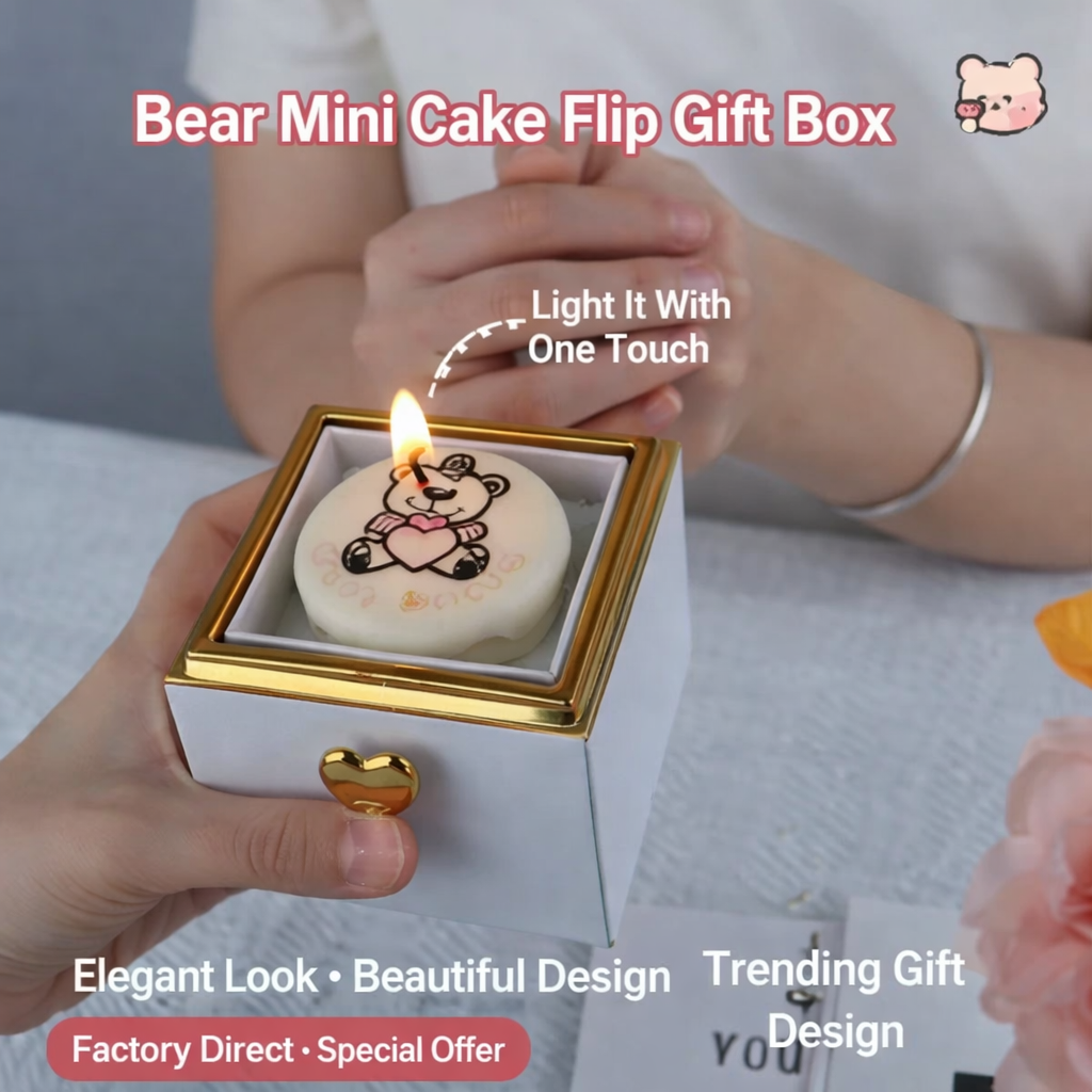 Bear mini cake flip gift box with one-touch light, elegant design for trending gifts