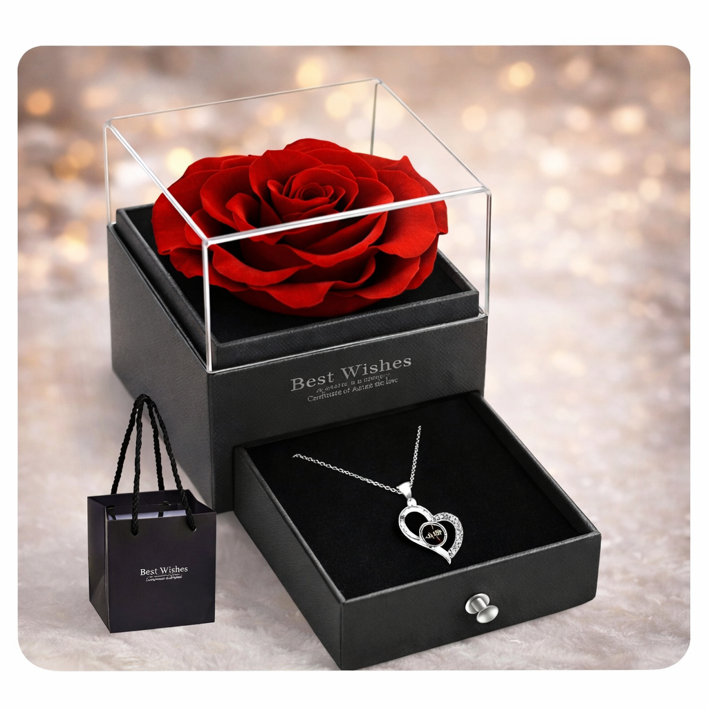 Elegant red rose in clear box with heart pendant necklace, perfect romantic gift set for her