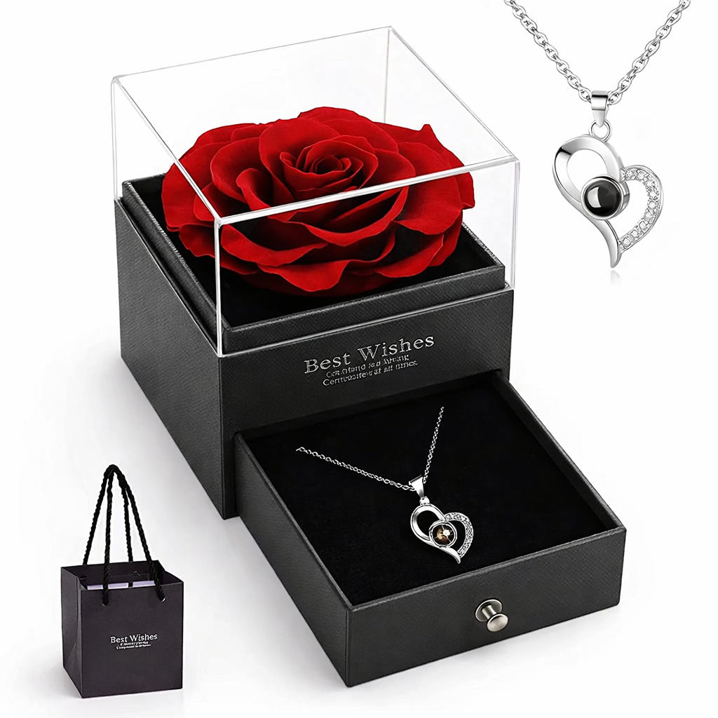 Elegant red rose in clear box with heart pendant necklace, perfect gift set for her