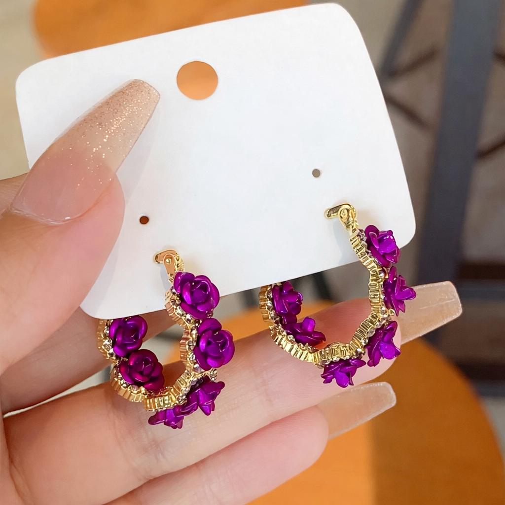 Vintage Red Rose Hoop Earrings – Trendy Solid Zinc Alloy Statement Jewelry