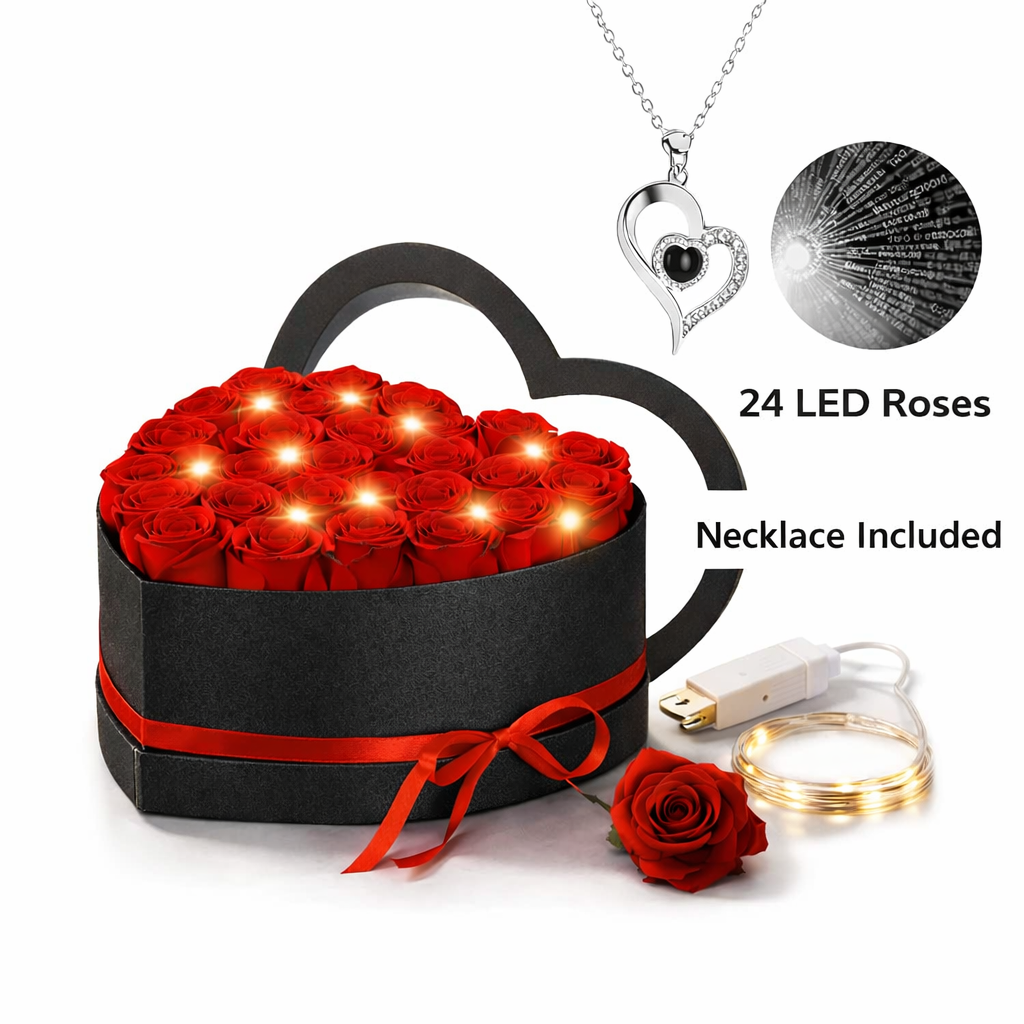 Heart Rose Gift Box with LED Lights & “I Love You” Necklace