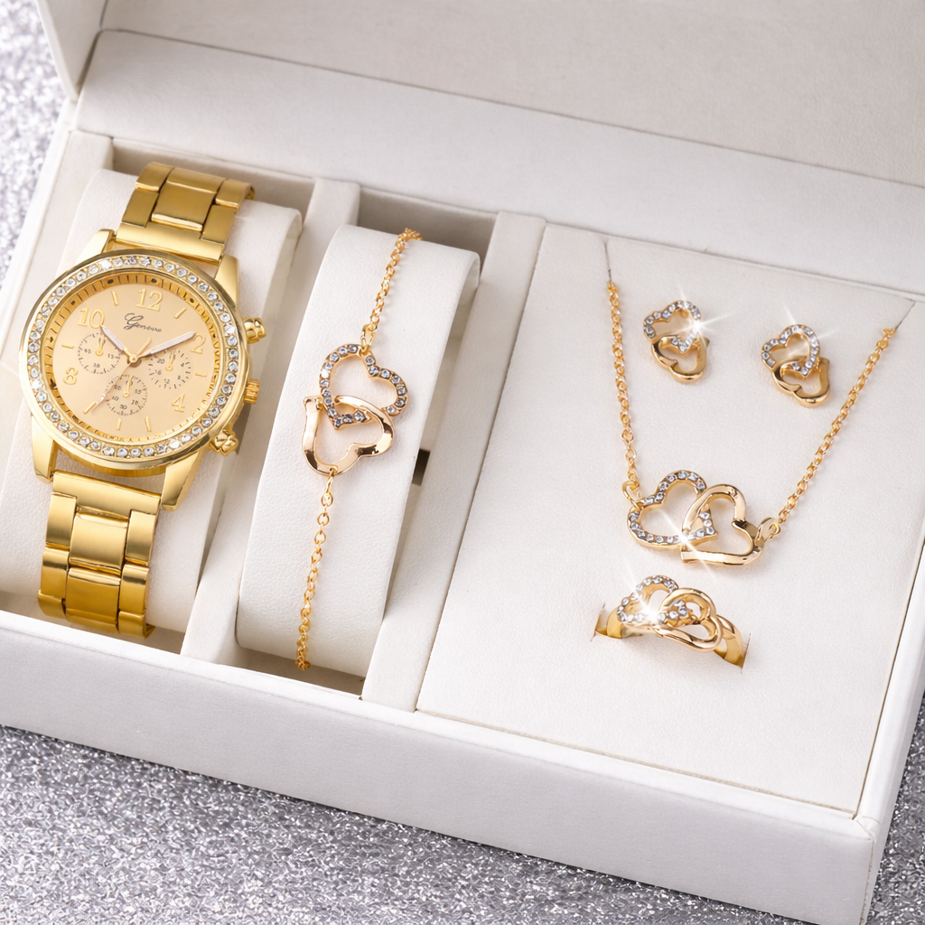 Luxury Women’s Rhinestone Quartz Watch & Double Heart Jewelry Set – 6PCS