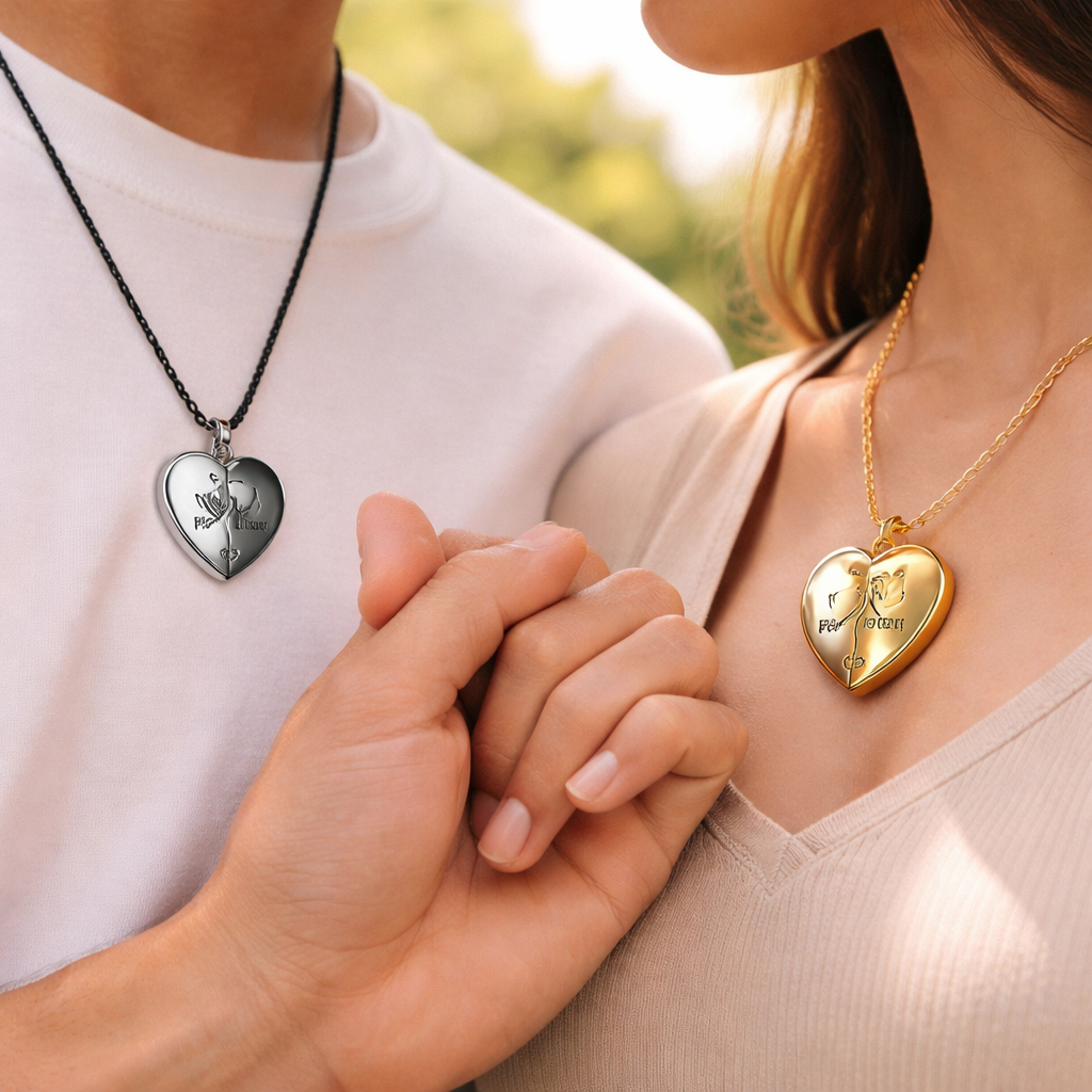 Couple wearing matching magnetic heart necklaces together
