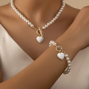 2-Piece Imitation Pearl Jewelry Set – Elegant Necklace & Bracelet with Natural Color Beads for Girls