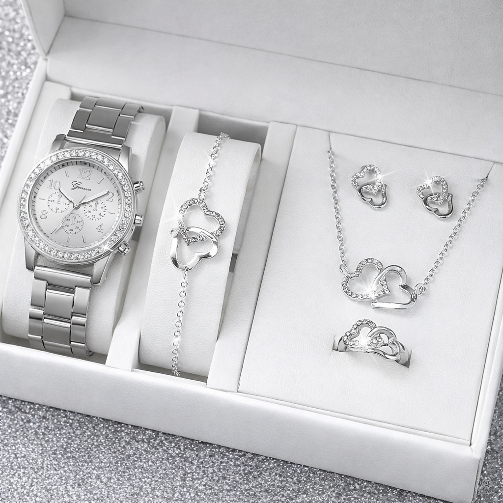 Luxury Women’s Rhinestone Quartz Watch & Double Heart Jewelry Set – 6PCS