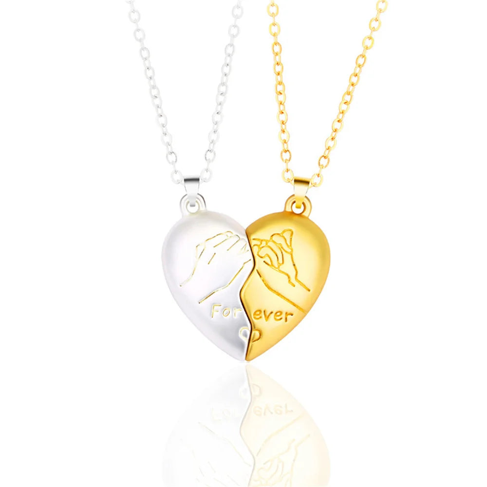 Gold and silver magnetic heart necklaces joined together for couples
