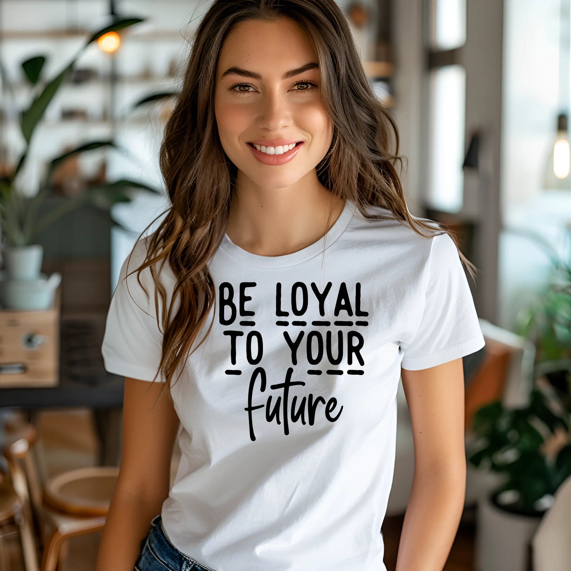 Woman wearing a white t-shirt with 'Be Loyal To Your Future' text in a casual indoor setting.