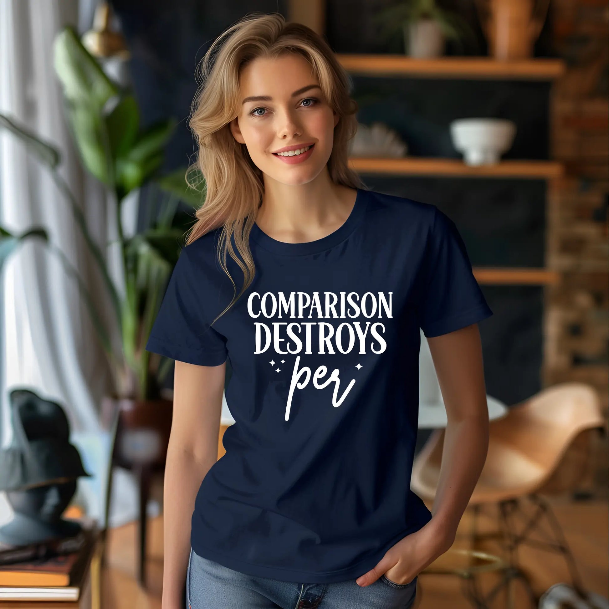 Woman wearing a navy blue t-shirt with text in a casual indoor setting