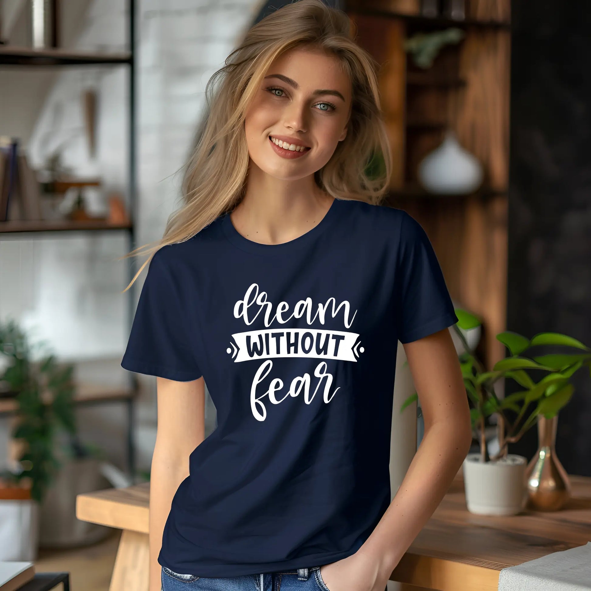 Woman wearing a navy blue t-shirt with 'dream without fear' text in a home setting