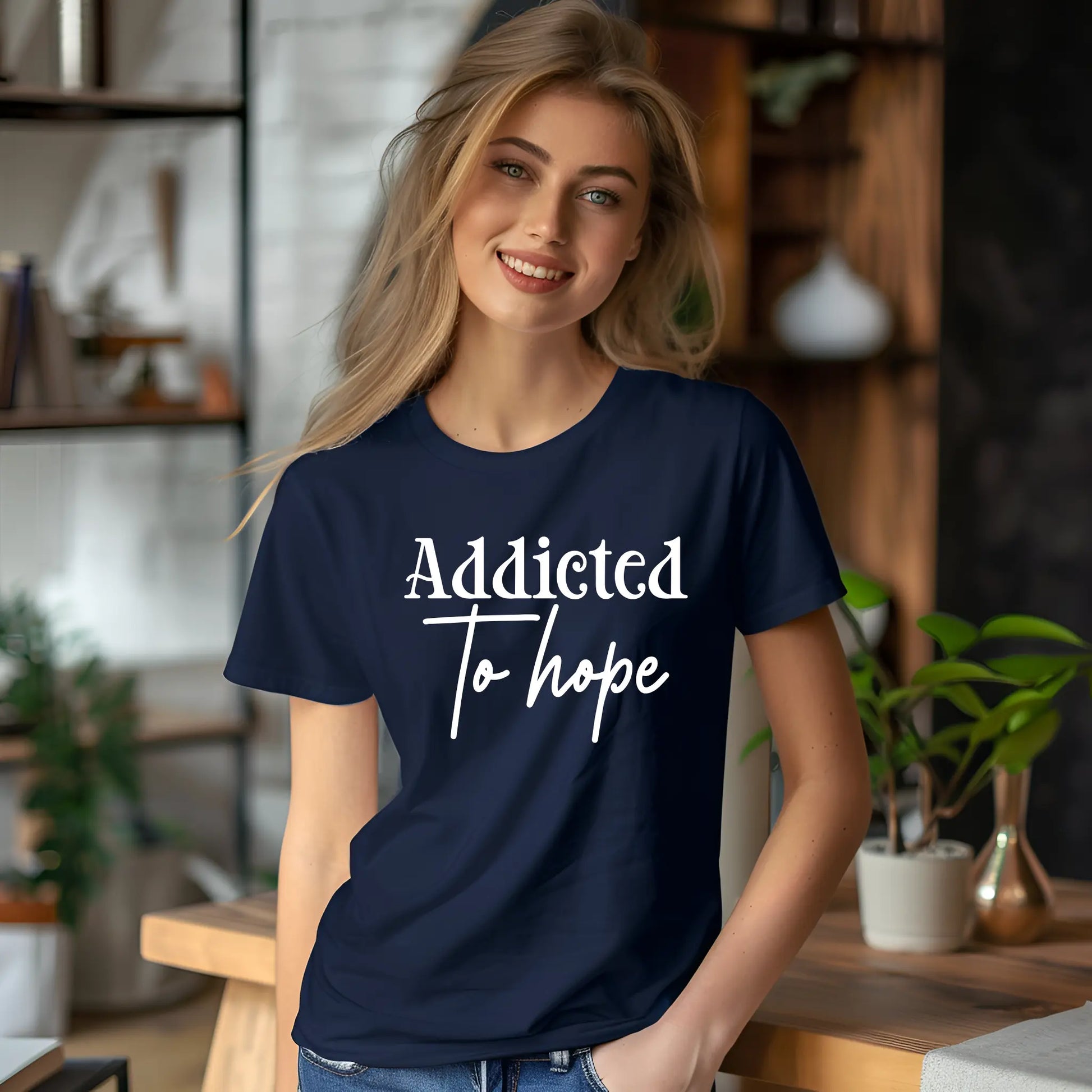 Person wearing a navy blue t-shirt with 'Addicted To hope' text in a home setting.