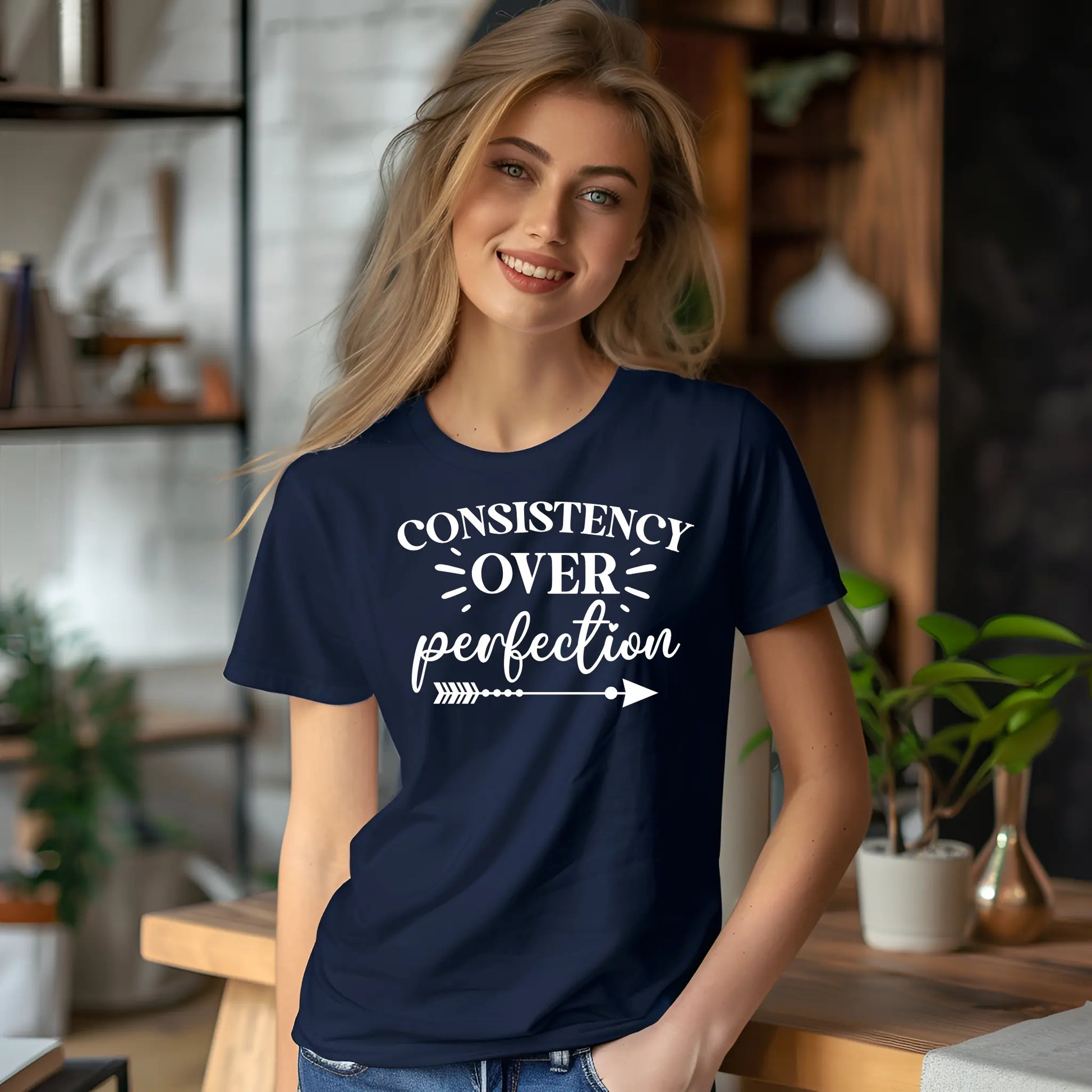 Woman wearing a navy blue t-shirt with 'Consistency over perfection' text in a home setting.