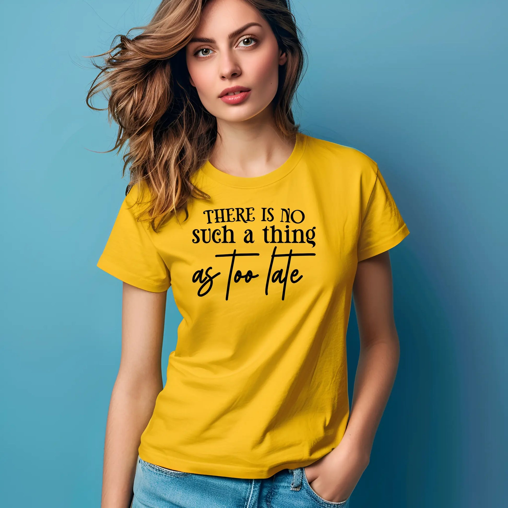 Woman wearing a yellow t-shirt with motivational text against a blue background