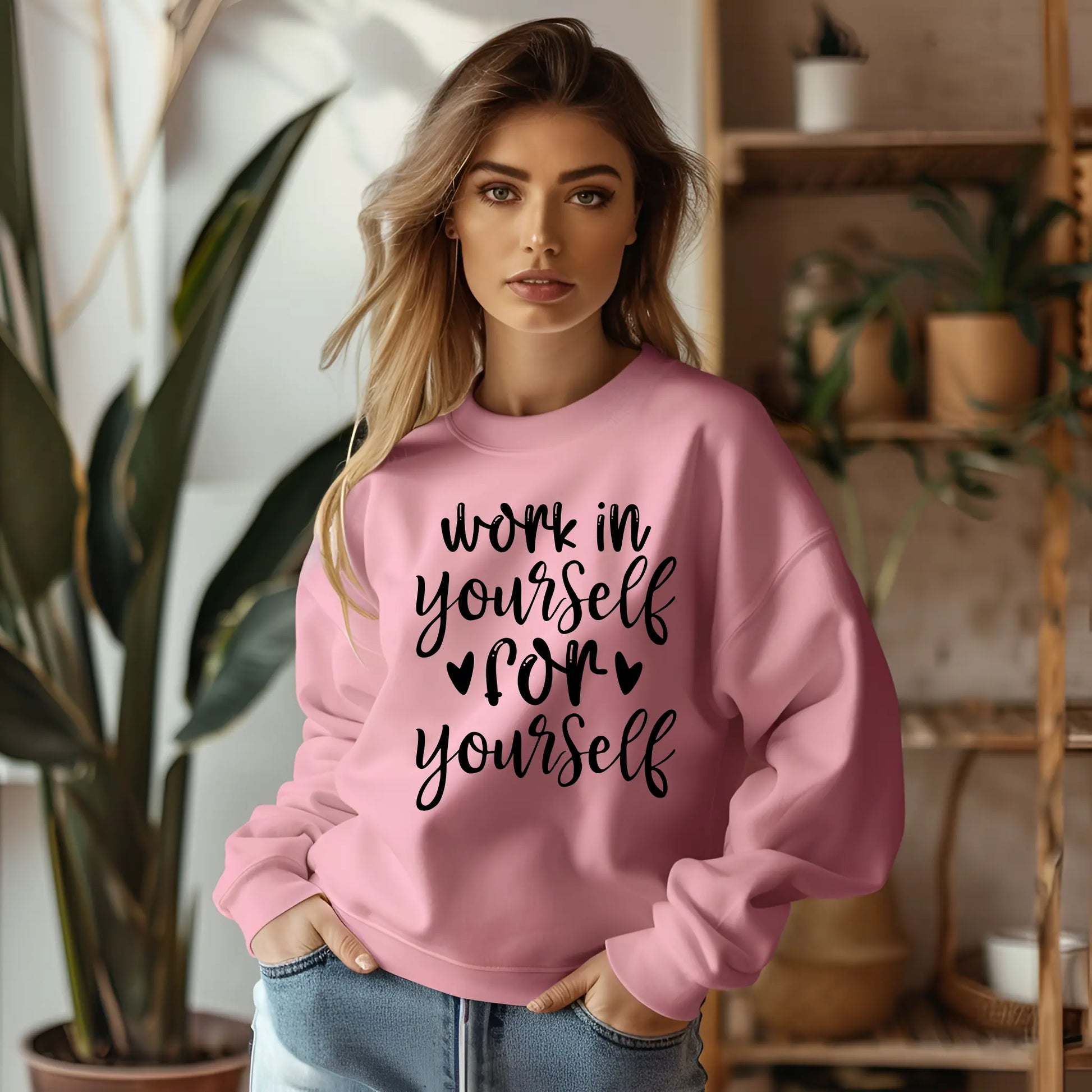 Woman wearing a pink sweatshirt with text in a home setting