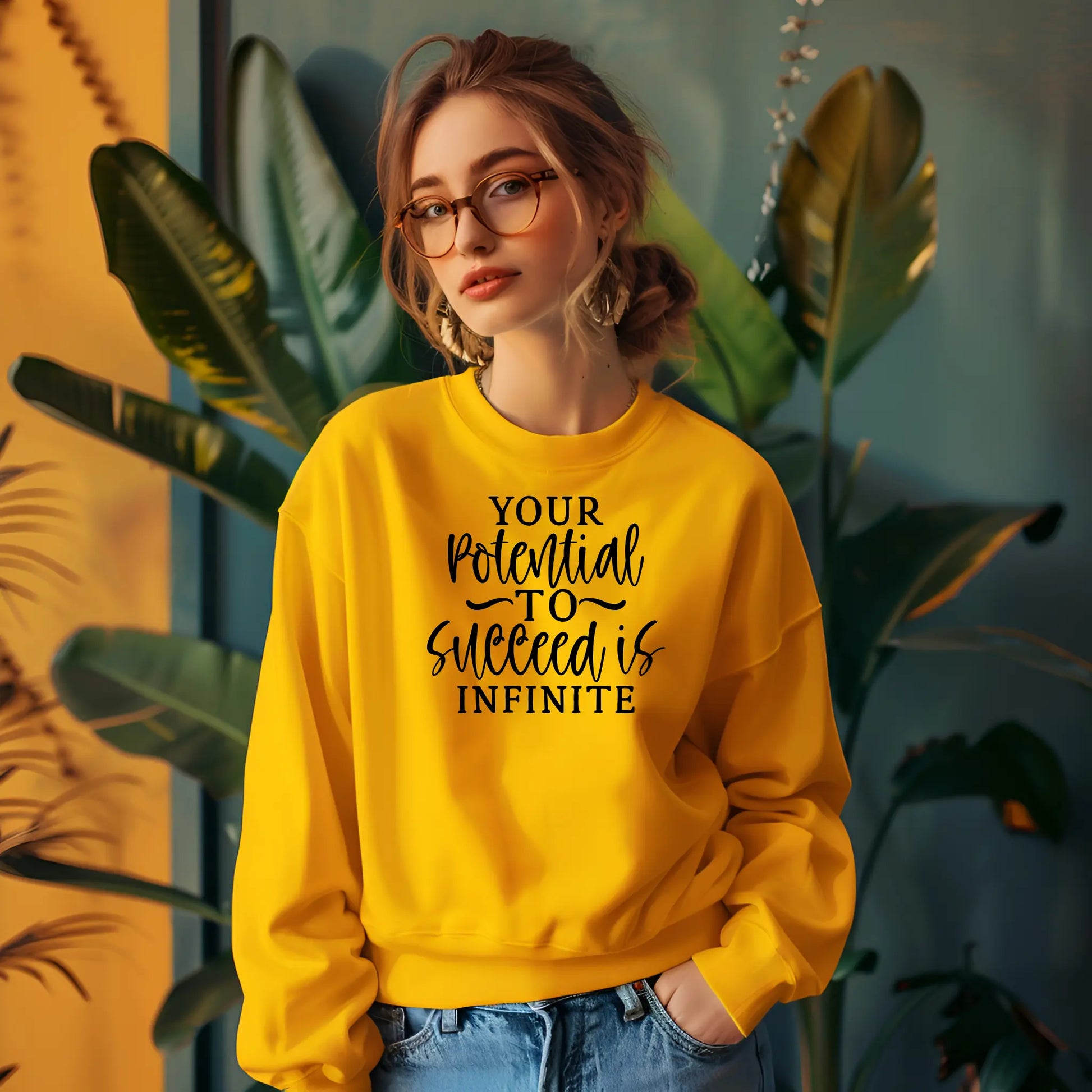Person wearing a yellow sweatshirt with motivational text in front of plants