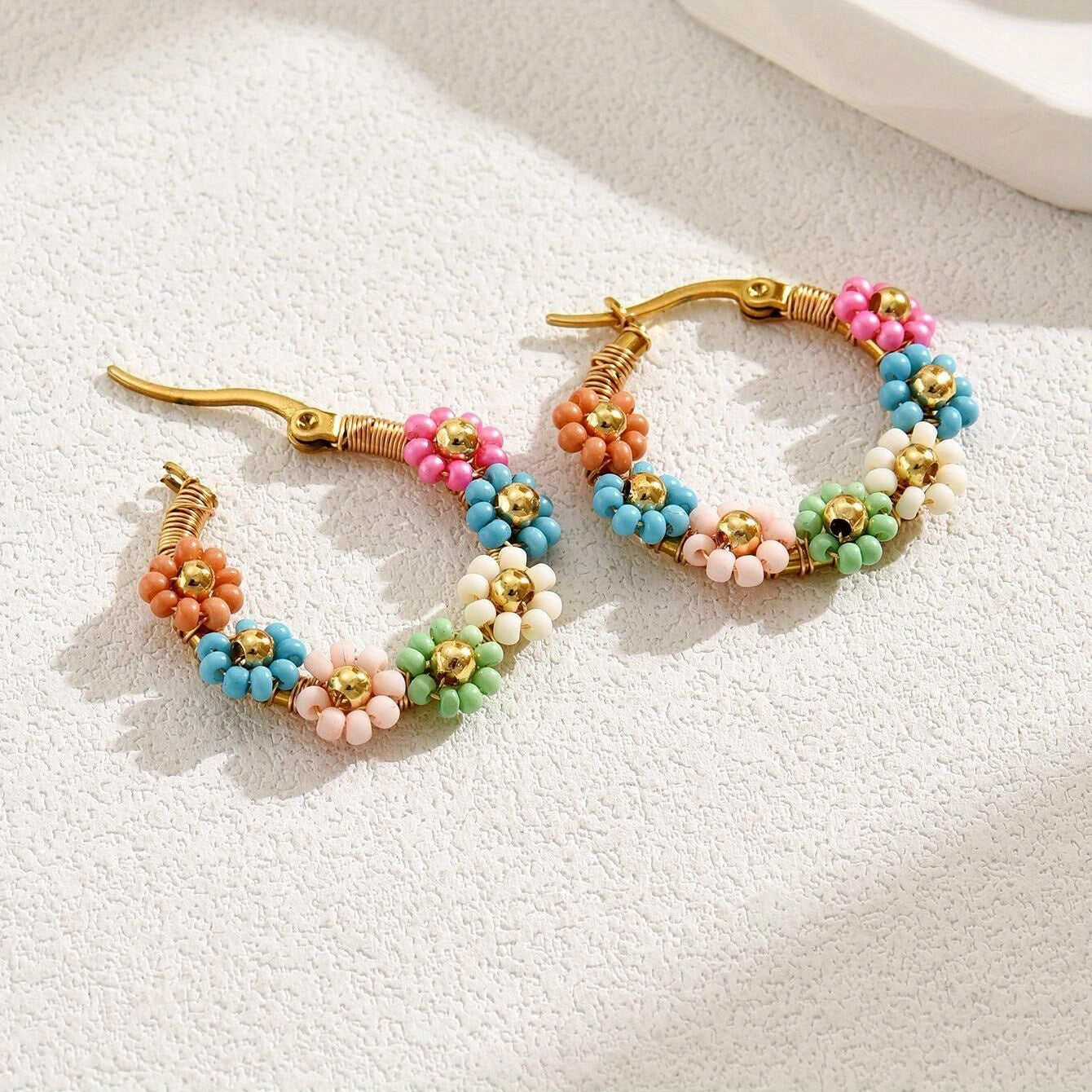Bohemian Style Beaded Flower Hoop Earrings Trendy & Versatile