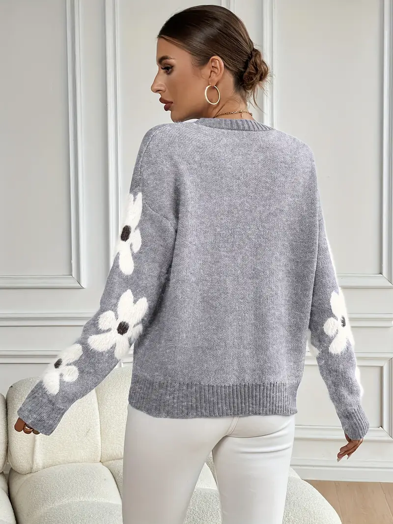 Cute Floral Drop Shoulder Sweater Cozy Round Neck Long Sleeve