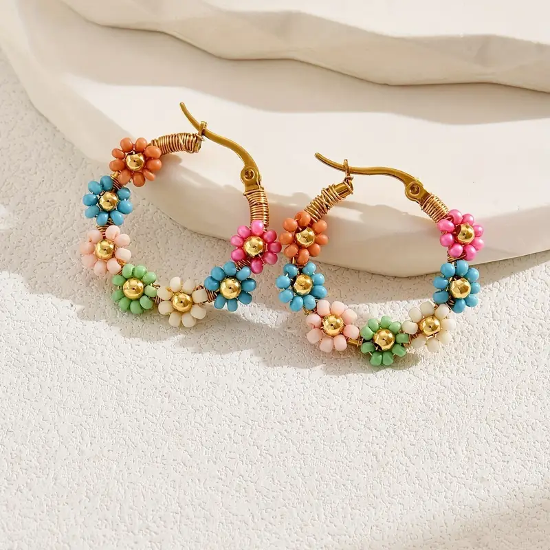 Bohemian Style Beaded Flower Hoop Earrings Trendy & Versatile