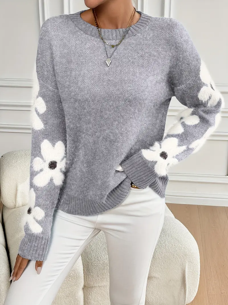 Cute Floral Drop Shoulder Sweater Cozy Round Neck Long Sleeve