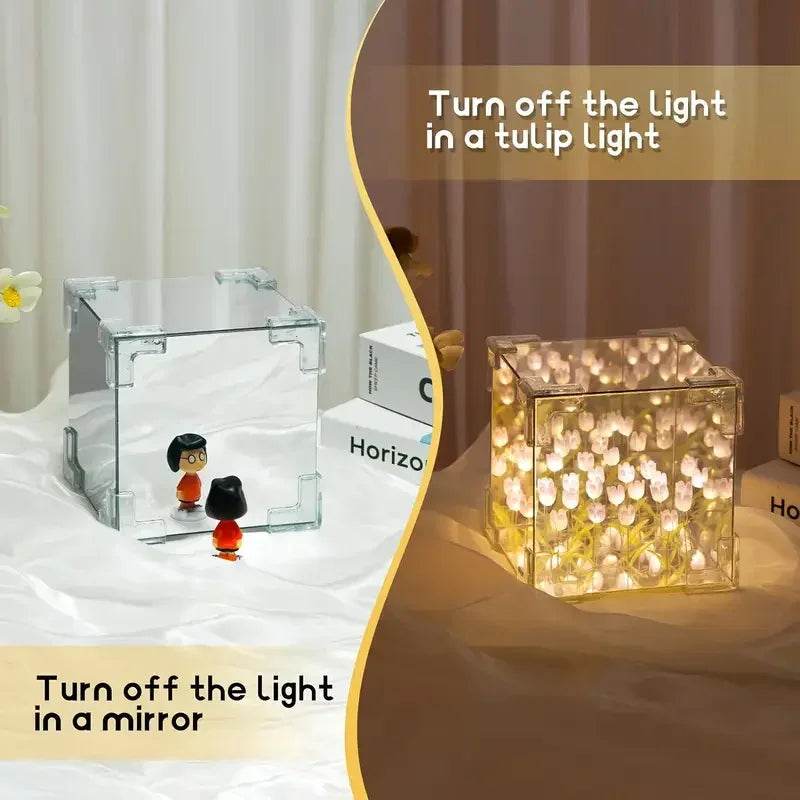 DIY Tulip Mirror Cube Lamp – Handmade Romantic Flower Table Light for Home Decor - CartRare