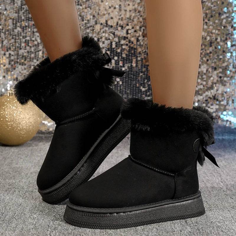 Bow Detail Round-Toe Flat Snow Boots – Soft Velvet Warm Winter Shoes for Women - CartRare