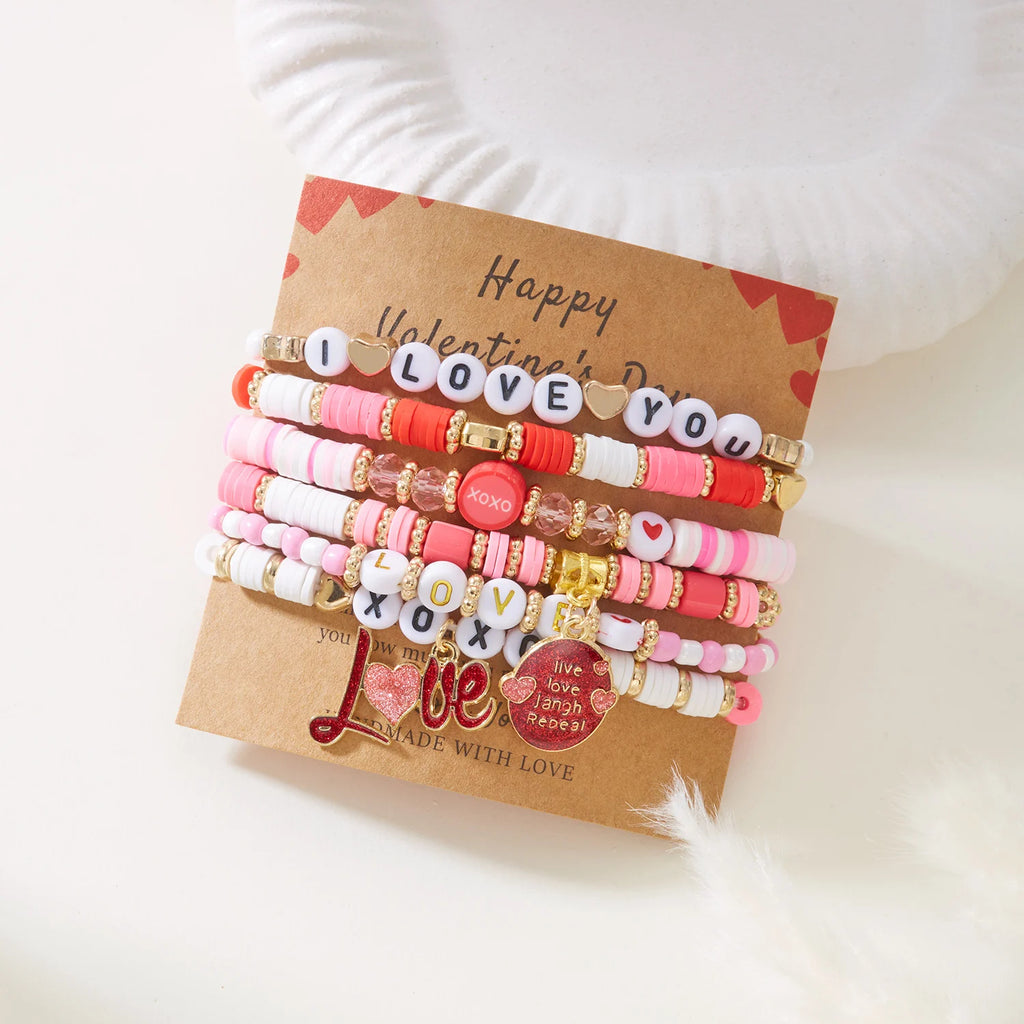 6Pcs Valentine Love Heart Bracelet Set Pink Beaded Bangles - CartRare