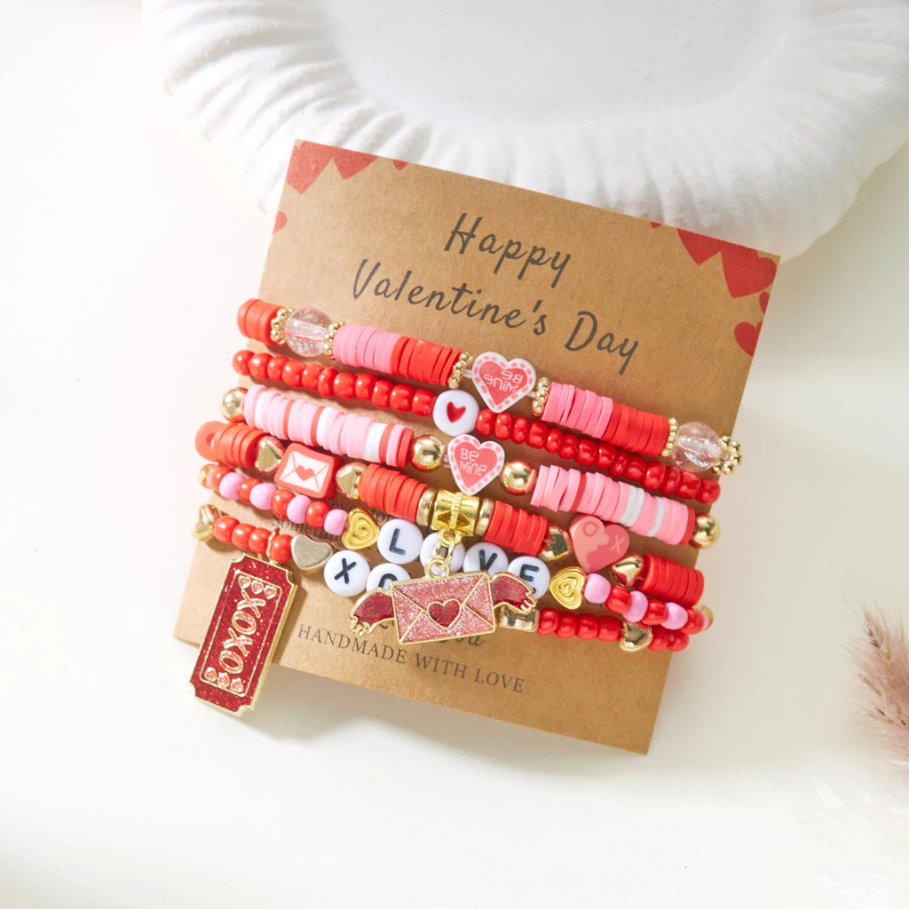 6Pcs Valentine Love Heart Bracelet Set Pink Beaded Bangles - CartRare