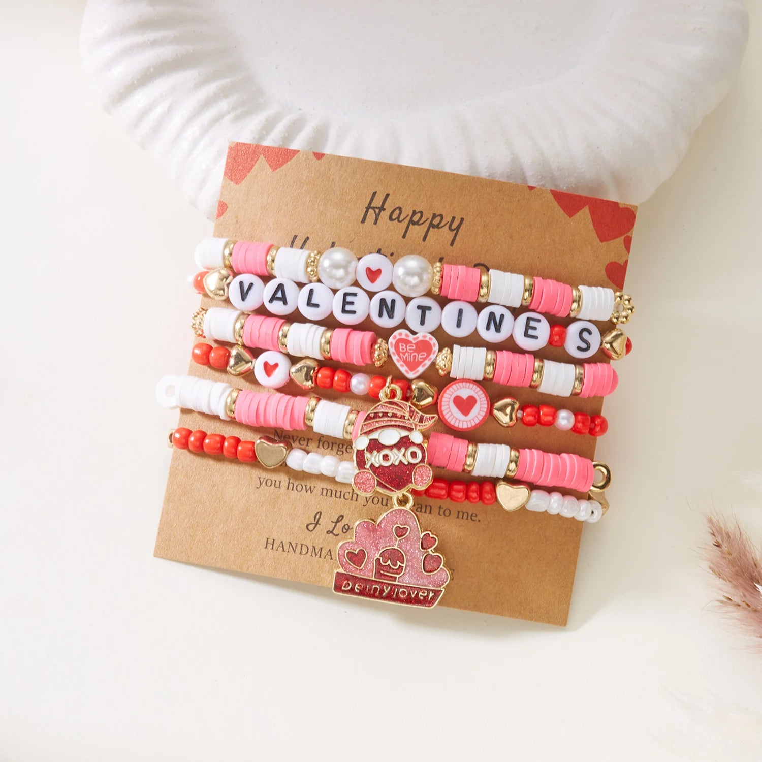 6Pcs Valentine Love Heart Bracelet Set Pink Beaded Bangles