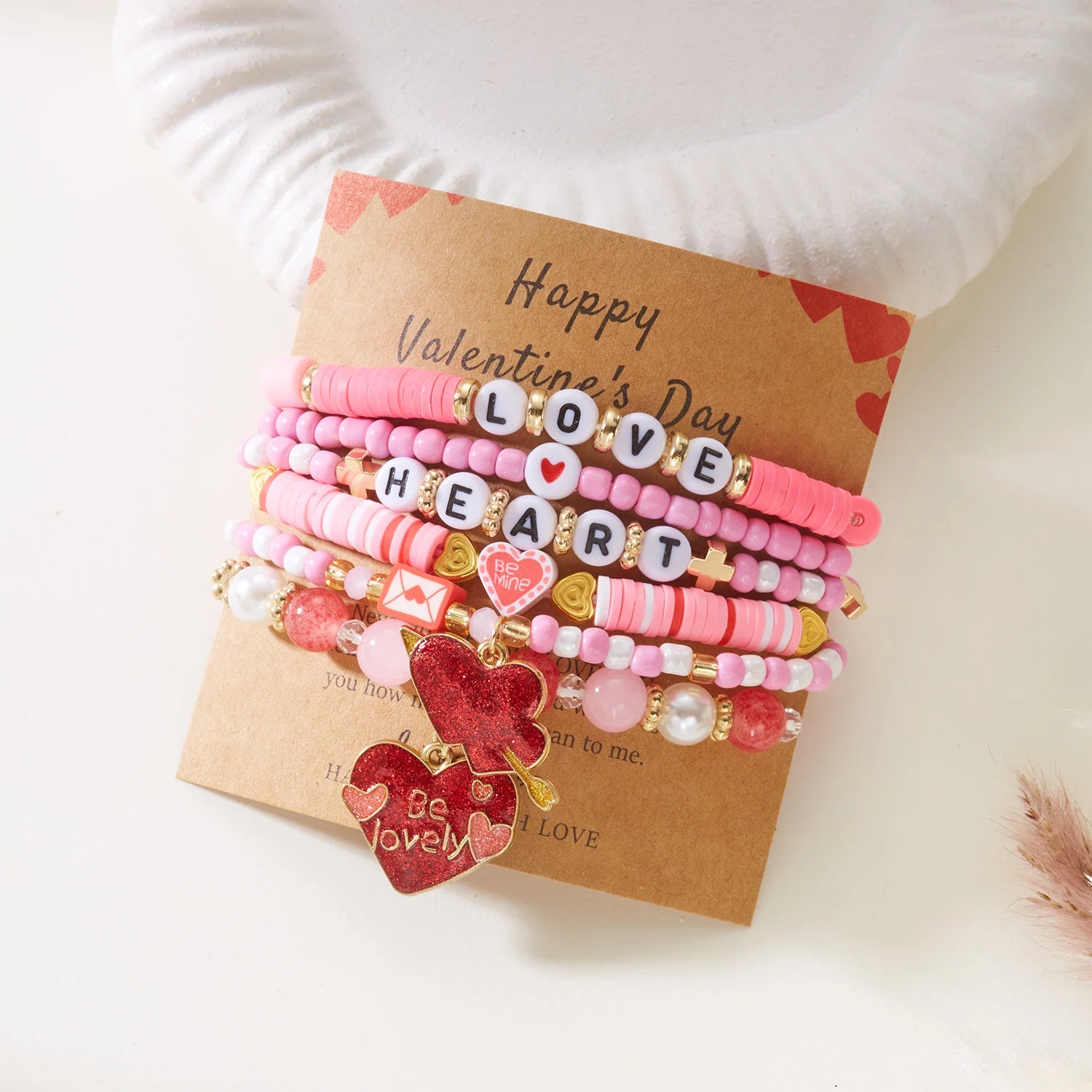 6Pcs Valentine Love Heart Bracelet Set Pink Beaded Bangles