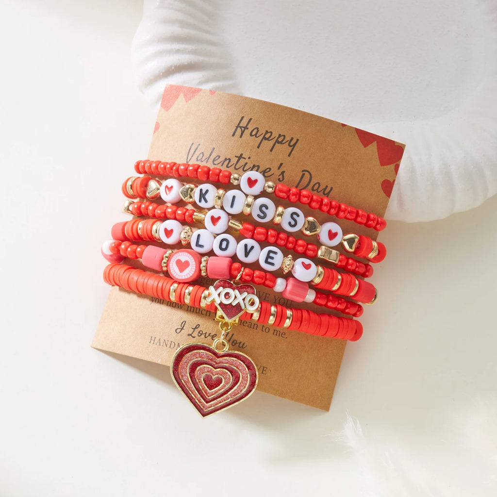 6Pcs Valentine Love Heart Bracelet Set Pink Beaded Bangles - CartRare