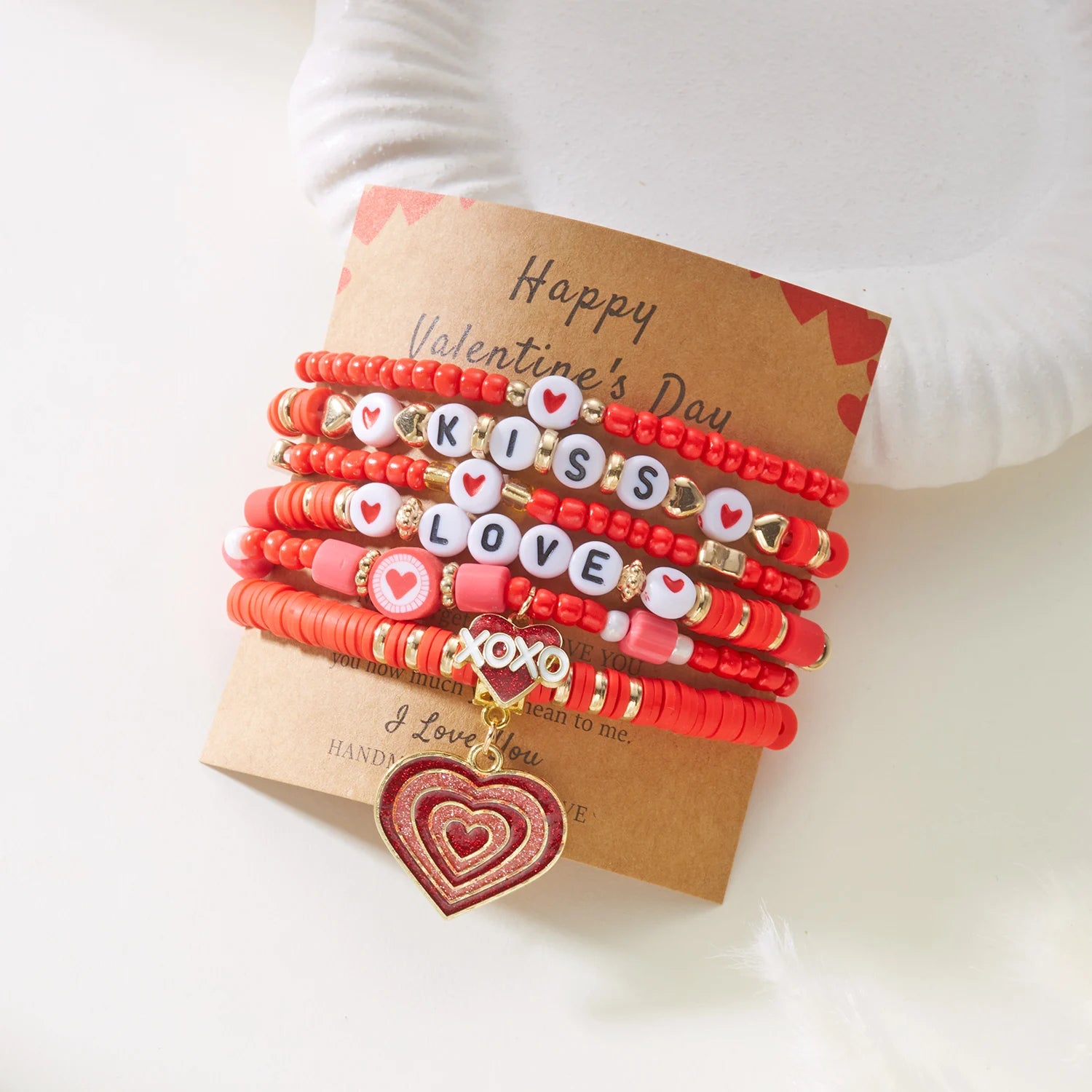 6Pcs Valentine Love Heart Bracelet Set Pink Beaded Bangles