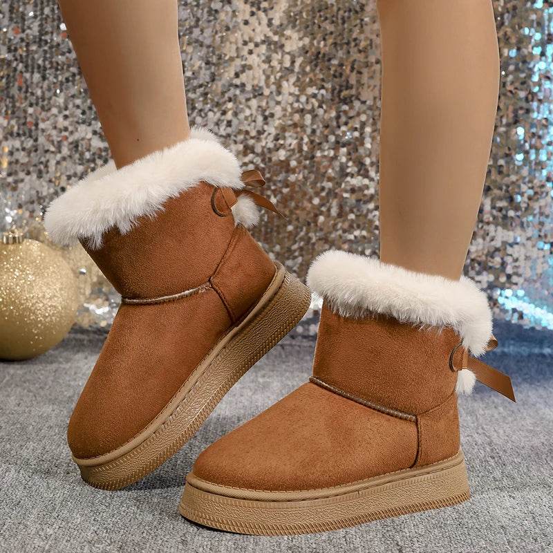 Bow Detail Round-Toe Flat Snow Boots – Soft Velvet Warm Winter Shoes for Women - CartRare