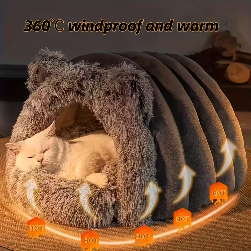 Winter Warm Fleece Cat Cave – Windproof 360° Thermal Comfort for Cats & Small Dogs