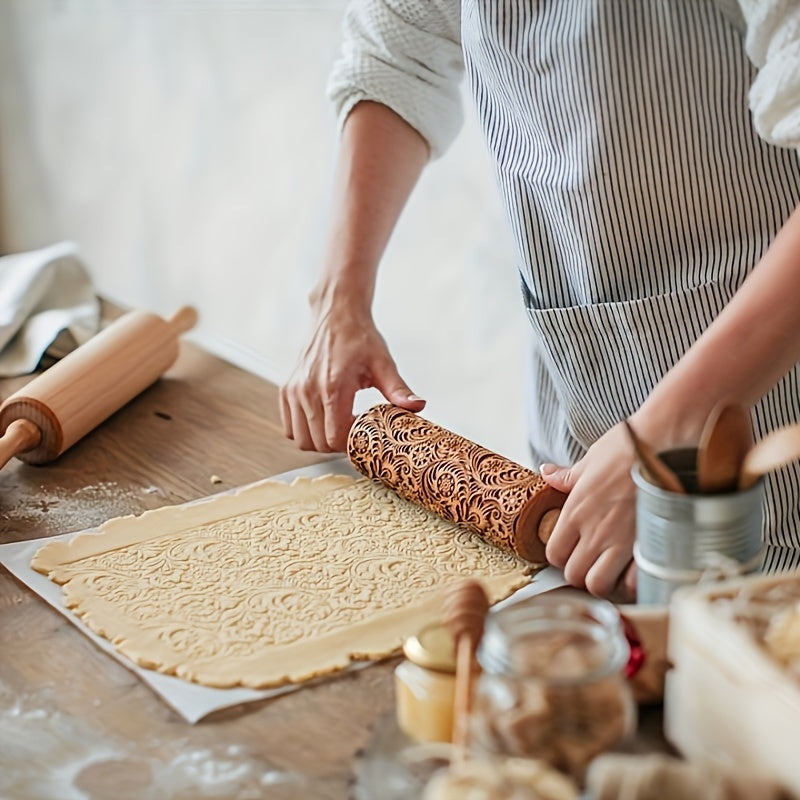Premium Patterned Wooden Rolling Pin Embossed Dough & Baking Tool for All Designs