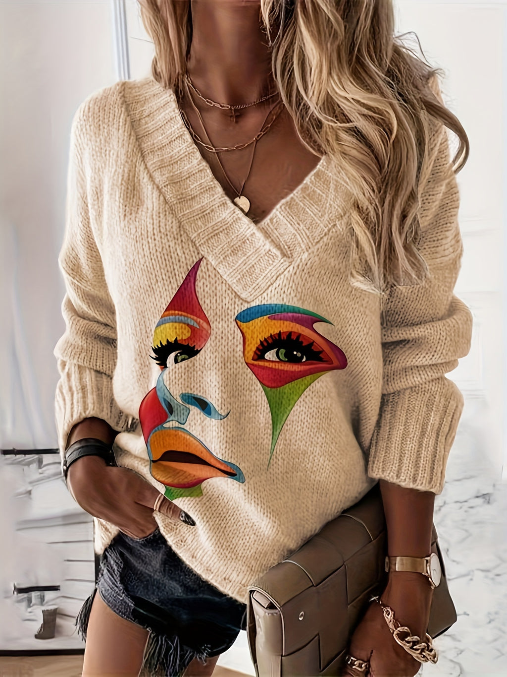 Chic Color-Block V-Neck Loose Pullover for Winter
