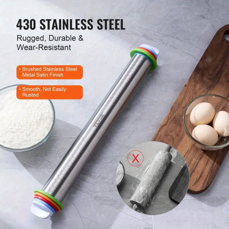Adjustable Stainless Steel Rolling Pin – 43cm Dough & Fondant Roller with Thickness Rings for Baking & Cake Decorating - CartRare