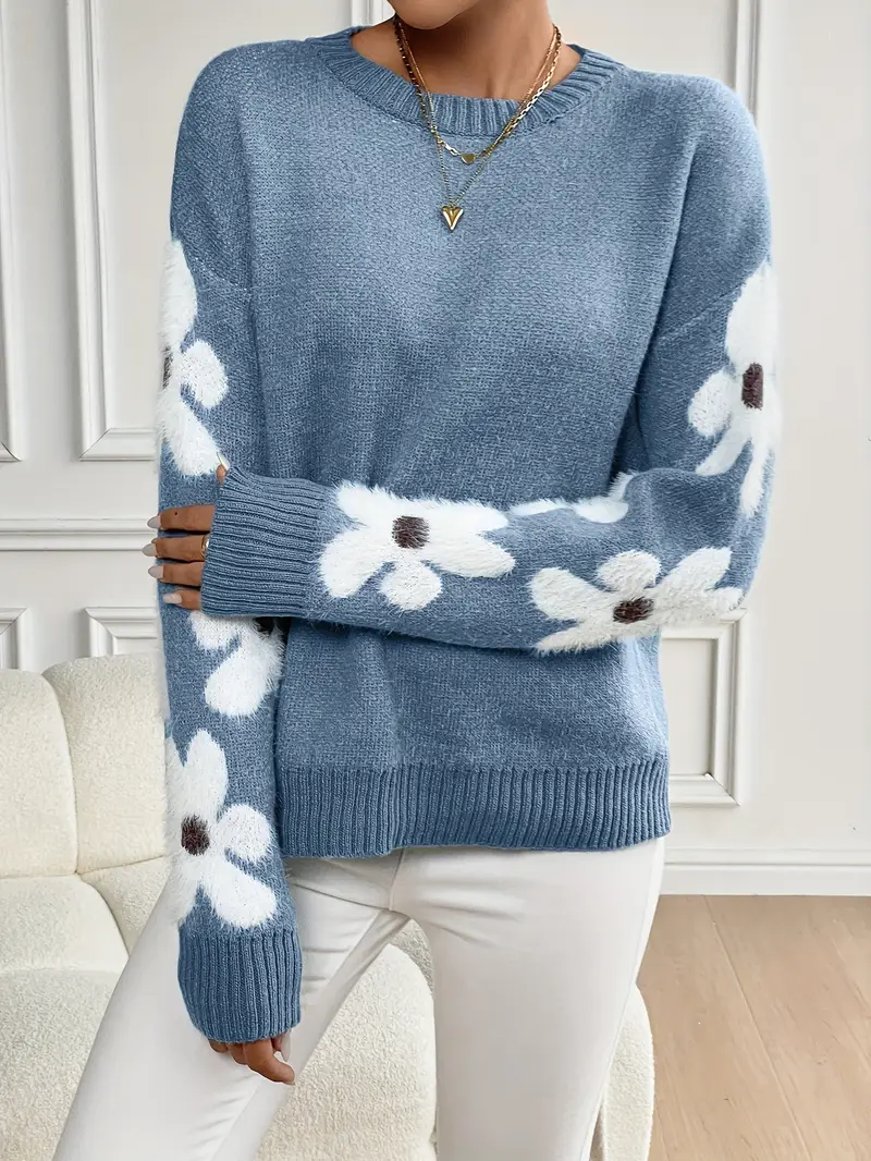 Cute Floral Drop Shoulder Sweater Cozy Round Neck Long Sleeve