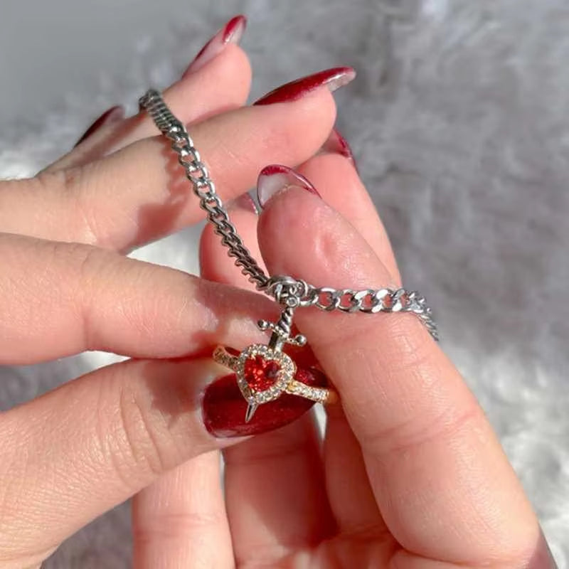 Heart Ring and Sword Necklace Set – Stainless Steel Couple Jewelry Gift - CartRare