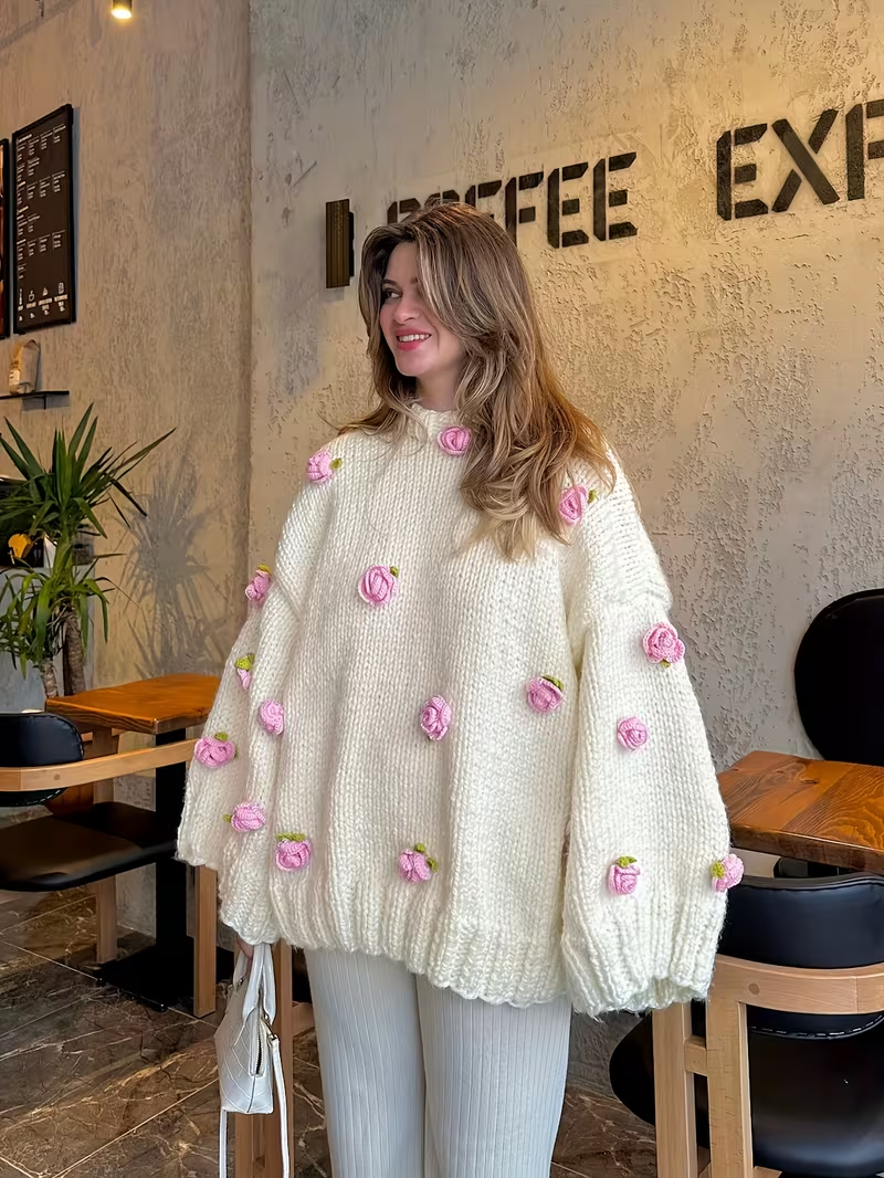 Women’s 3D Flower Knitted Sweater – Casual Loose Flare Sleeve Pullover
