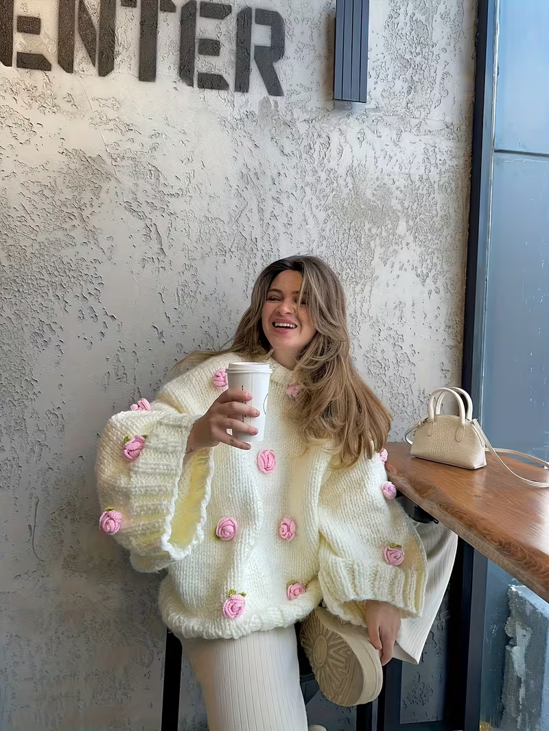 Women’s 3D Flower Knitted Sweater – Casual Loose Flare Sleeve Pullover